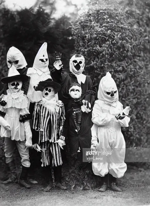 Image similar to photograph from 1905 of Halloween trick or treaters wearing Michael Jackson Thriller costumes, highly detailed, vintage film