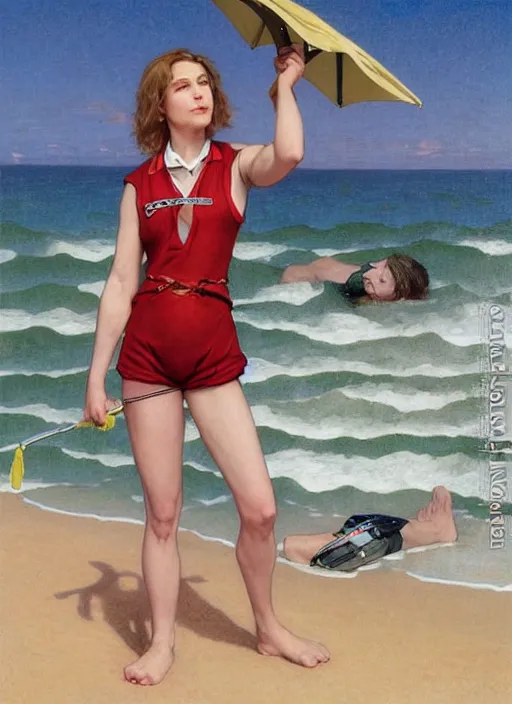 Image similar to portrait Bob Odenkirk as sea lifeguard on the beach, full length shot, shining, 8k highly detailed, sharp focus, illustration, art by artgerm, mucha, bouguereau