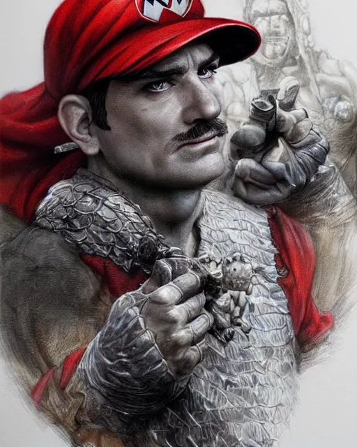 Image similar to portrait of super mario in lord of the rings, red cap, beautiful, very detailed, hyperrealistic, medium shot, very detailed painting by Glenn Fabry, by Joao Ruas