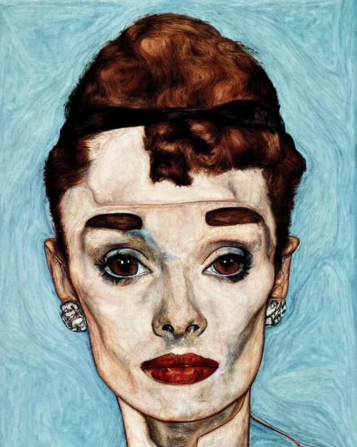 Image similar to portrait of audrey hepburn as an android by egon schiele in the style of greg rutkowski