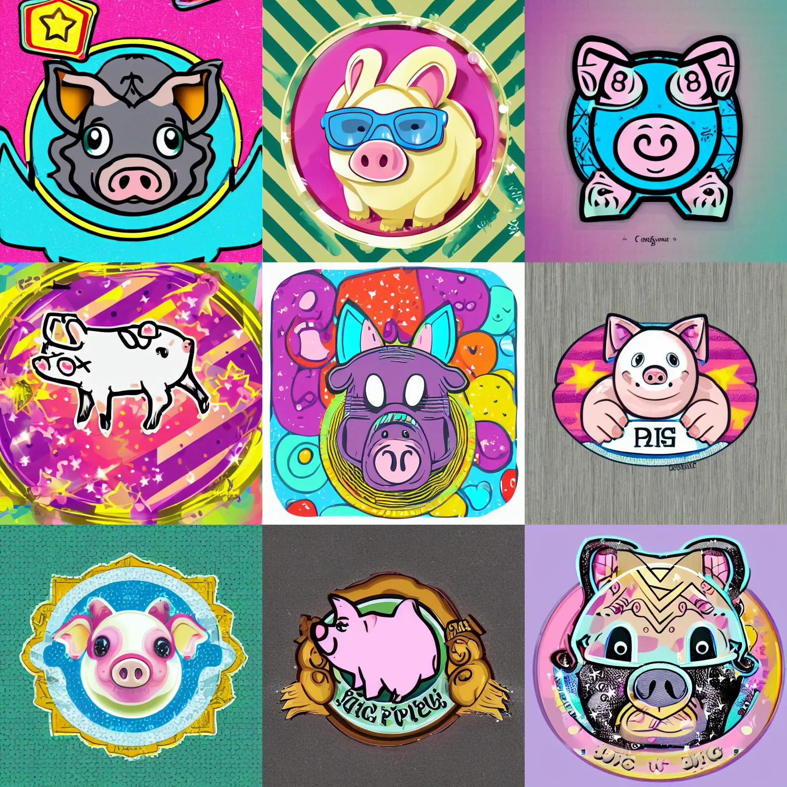 Prompt: cute piggie badge designed by lisa frank, dollar sign, cartoon paypig, vector graphics icon, svg, symmetrical, transparent background, cute, metal, enamel, cloicsonne, vintage