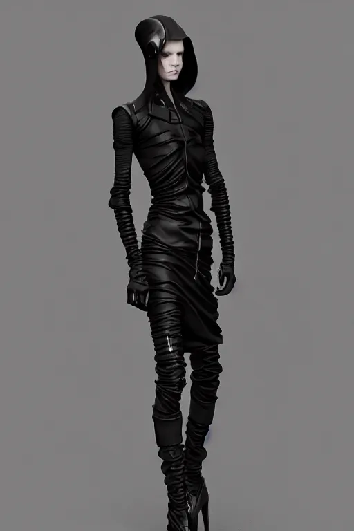 Image similar to beautiful androgynous high fashion avant garde techwear look and clothes, we can see them from feet to head, highly detailed and intricate, luxury, cinematic, rick owens, yohji yamamoto, y 3, outfit photo, hot on r / streetwear, trending on artstation,