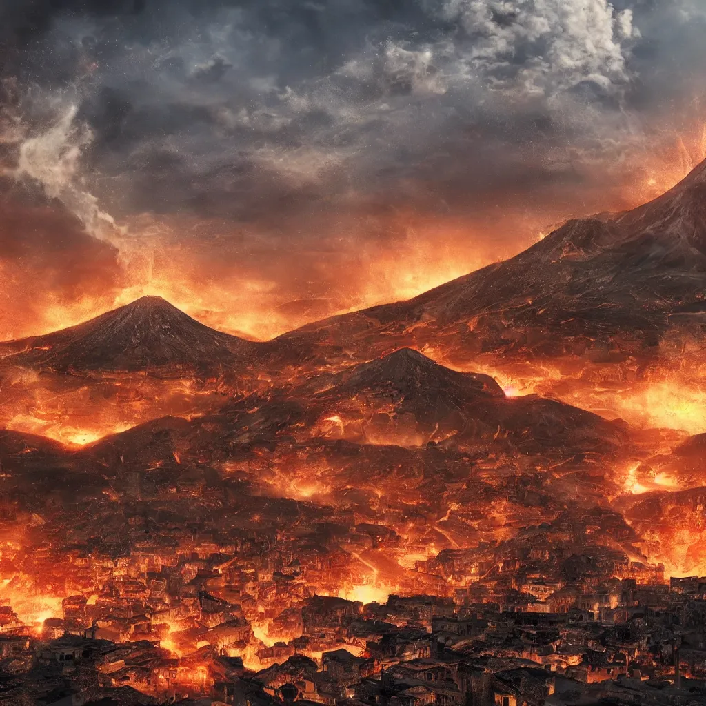 Image similar to Grand Pompeii city facing the erupting volcano, by Sebastian Luca photorealistic cinematic volume lighting