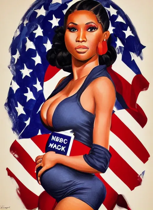Prompt: portrait of pregnant nicki minaj in navy uniform, usa president election, soviet propaganda poster, usa symbols in the background, colored, artgerm, highly detailed