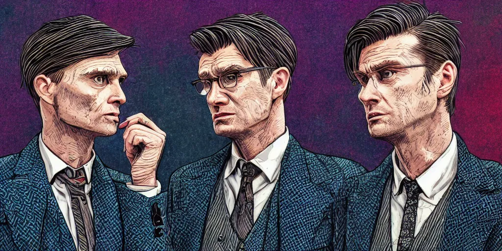 Prompt: hyper detailed comic illustration of Tommy Shelby and The Tenth Doctor about to fight one another, Android Jones intricate details, vibrant, solid background, low angle fish eye lens