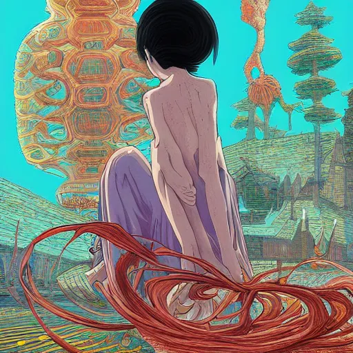 Prompt: surreal mystic fairytale digital painting masterpiece, haunting beautiful brush strokes, painted by Moebius and Hayao Miyazaki and Akira Toriyama