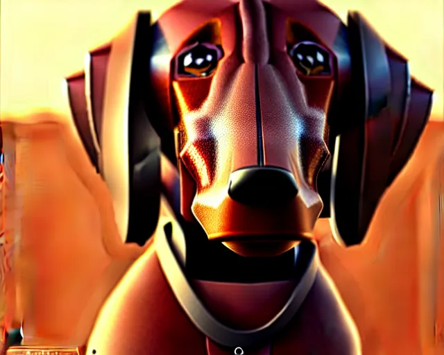 Image similar to portrait of mechanical robotic dachshund, hyper - realistic, gta v cover art, celshading, sharp focus, intricate, detailed, rhads, andreas rocha, makoto shinkai, lois van baarle, ilya kuvshinov, greg rutkowski, dynamic lighting, grunge aesthetic, 4 k