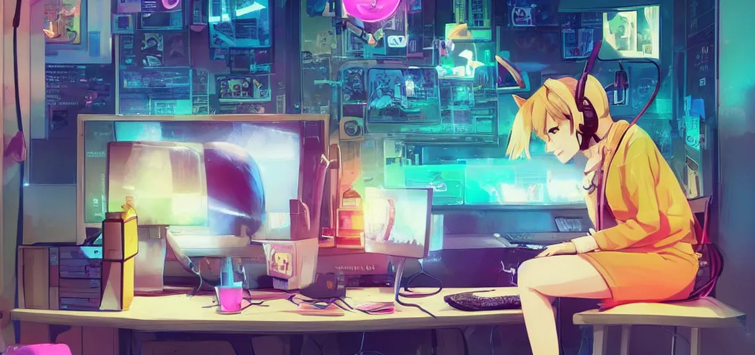 Image similar to a kawaii blond woman with cat ear headphones, sitting in front of computer, gamer, computer nerd, cute room, neon lights, gamer aesthetic, lofi vibes, strong crisp lineart and flat color, by ilya kuvshinov, krenz cushart, Greg Rutkowski, trending on pinterest