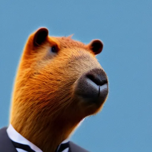 Image similar to a high quality photo of an antropomorphic capybara wearing a suit, 8k, digital art