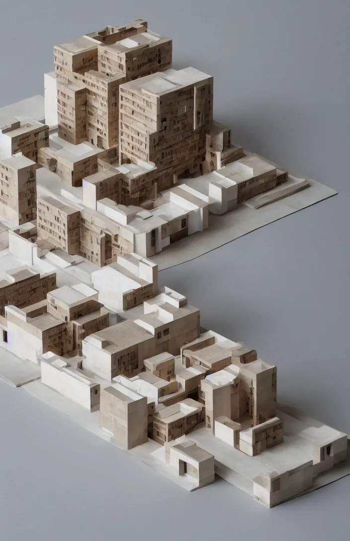 Prompt: isometric view, architectural model, studio lighting, low contrast, wood and paper, social housing for 1 0 0 0 household, zaha hadid, high tech, post - modernism