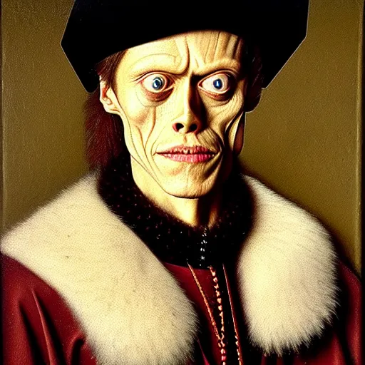 Image similar to portrait of the son of elon willem dafoe steve buscemi, oil painting by jan van eyck, northern renaissance art, oil on canvas, wet - on - wet technique, realistic, expressive emotions, intricate textures, illusionistic detail