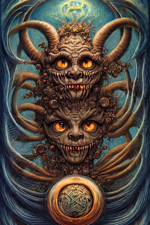 Image similar to A beautiful detailed grotesque monster super cute tarot card, by tomasz alen kopera and Justin Gerard, symmetrical features, ominous, magical realism, texture, intricate, ornate, royally decorated, mechanic, skeleton, whirling smoke, embers, red adornements, blue torn fabric, radiant colors, fantasy, trending on artstation, volumetric lighting, micro details, 3d sculpture, ray tracing, 8k, anaglyph effect, digital art