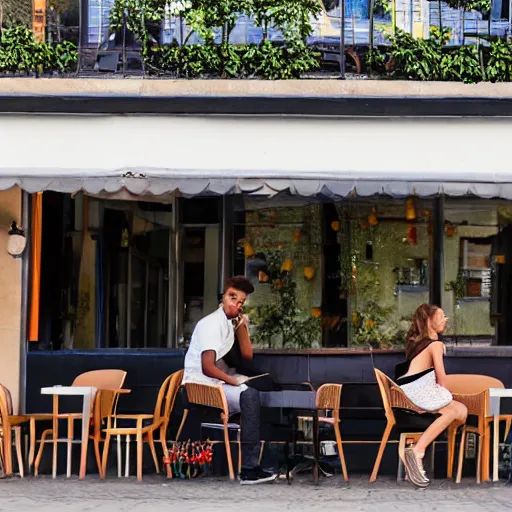 Prompt: A handsome young man and an attractive young woman sitting outside a cafe in the late summer afternoon.