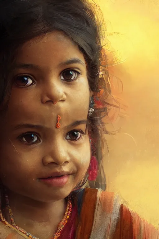 Image similar to hindu little girl, joyful, close - up portrait, intricate, elegant, volumetric lighting, scenery, digital painting, highly detailed, artstation, sharp focus, illustration, concept art, ruan jia, steve mccurry