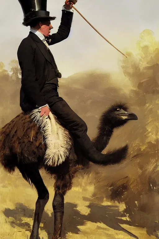 Image similar to portrait of a respectable dignified royal business elite politician wearing a top hat and coat tails riding on an ostrich, art by anders zorn, wonderful masterpiece by greg rutkowski, beautiful cinematic light, american romanticism by greg manchess, jessica rossier