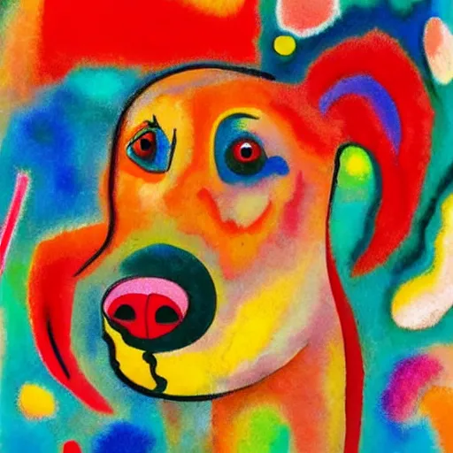 Image similar to A red dog sitting in the middle with red spots. in the art style of Kandinsky. Dramatic lighting, minimal painting, high resolution. Positive vibes