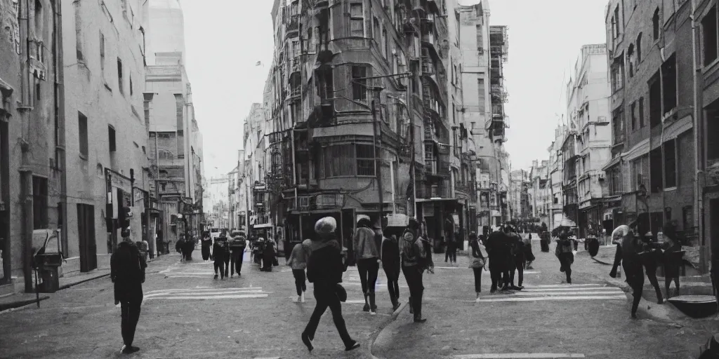 Image similar to daylight photo of walking on a street in a city on the moon