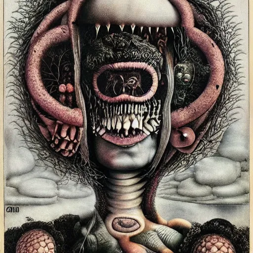 Image similar to post - punk new age album cover, magic, apocalypse, psychedelic, psychonaut, black white pink, magic, giger h. r., giuseppe arcimboldo