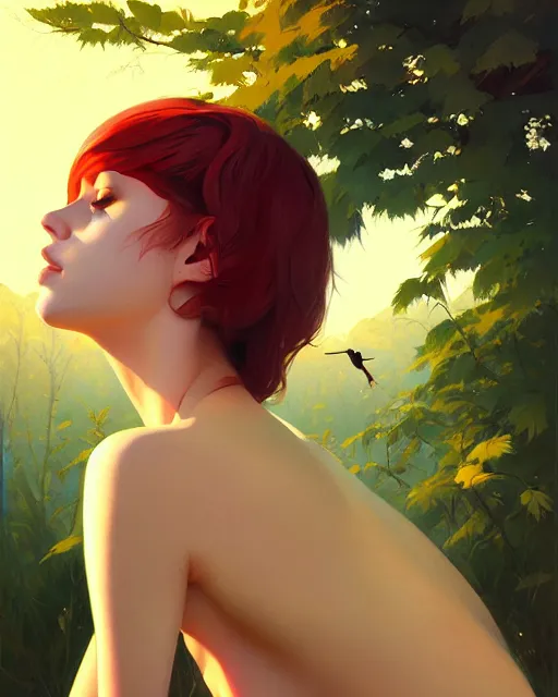 Image similar to stylized portrait of an artistic pose, composition, young suicide girl surrounded by nature, realistic shaded, fine details, realistic shaded lighting poster by ilya kuvshinov, magali villeneuve, artgerm, jeremy lipkin and michael garmash and rob rey