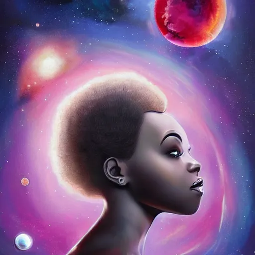 Prompt: full body shot of beautiful black female astronaut with a celestial afro pin-up style floating in deep space with planets and nebulae behind her by Artgerm, realist, trending on artstation