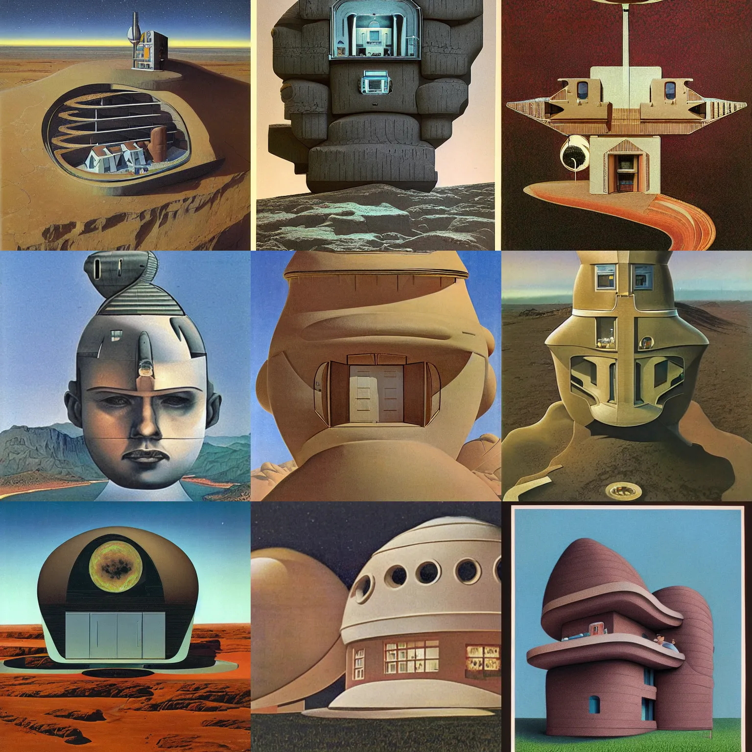 Prompt: Human head shaped house by Chesley Bonestell