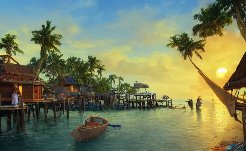 Image similar to a little fisher village on a tropical island, ( ( wood pier and houses, nets and boats ) ), scenic view, sunset, matte painting by marc simonetti and rhads and donato giancola, trending on artstation