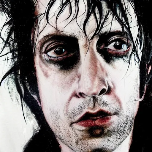 Image similar to stunning portrait of gaunt adrien brody a ( the cure fan ) as dream from sandman, dim stars as eyes, by jeremy mann, by cedric peyravernay, by by russ mills, by richard avedon and ben templesmith, dramatic lightning, sadness, dark eye sockets, in the shadows, punk rock, gothic, high detailed, 8 k