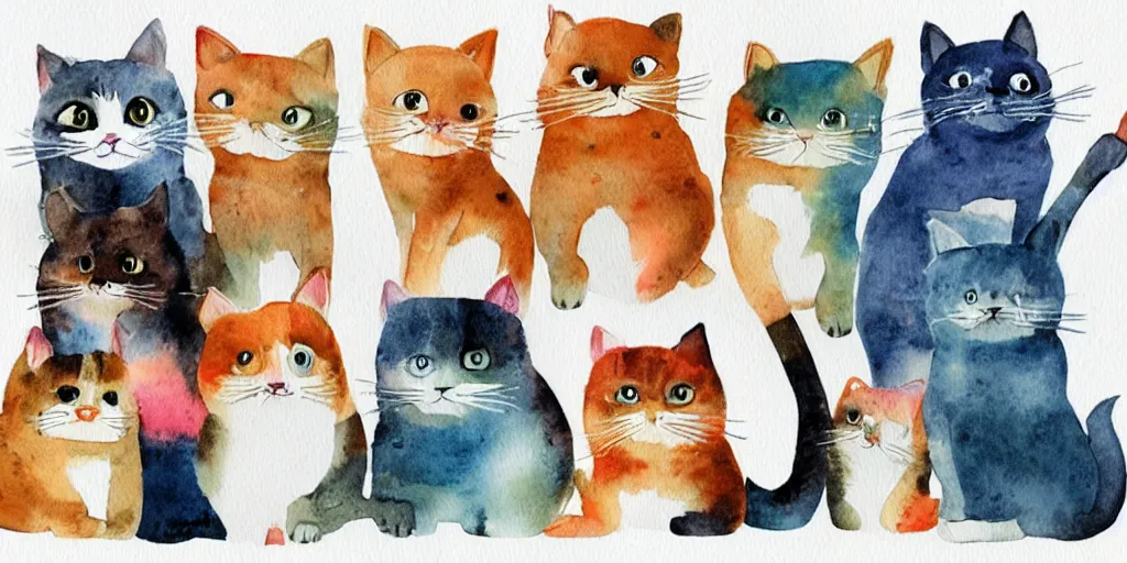 Image similar to watercolor illustration style, cute! cats!!! select different toys, inspiring art