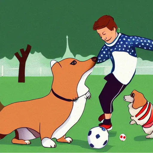 Image similar to illustration of french boy in paris playing football against a corgi, the corgi is wearing a polka dot scarf