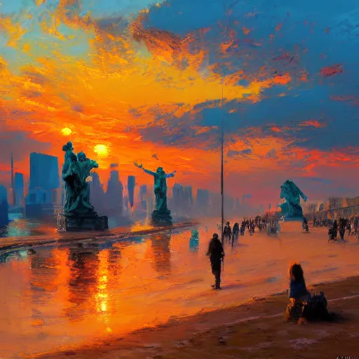 Image similar to acrylic painting, impressionism and expressionism, bold pastel colors, expressive brushstrokes, a spectacular sunset over the shore of the island of monuments and statues, by andreas rocha, trending on artstation