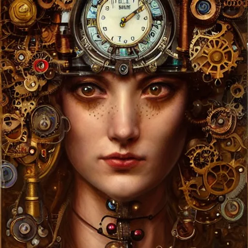 Image similar to A head and shoulders masterpiece portrait of a steampunk beautiful goddess, she half human and half robot, she is embellished with few gears wheels and gemstones, by William Holman Hunt, Greg Rutkowski, Stanely Artgerm, Tooth Wu, Peter Gric, Aaron Horkey, trending on Artstation, digital art, mythological, symmetrical artwork, cinematic lighting, hyper realism, high detail, octane render, ultra realistic, golden ratio, 4k, 8k