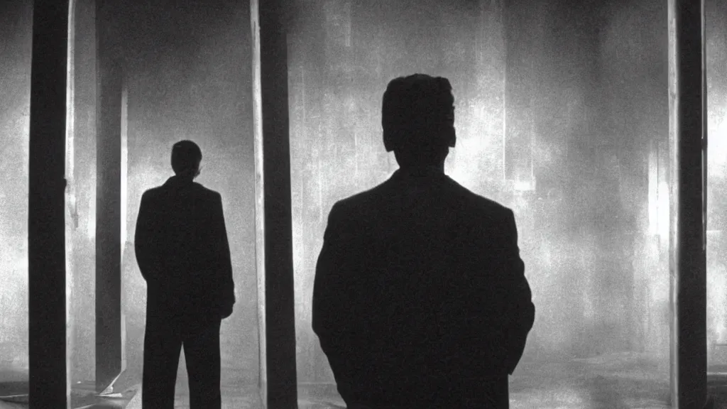 Image similar to movie scene of a man standing in front of a multiverse machine, movie still, cinematic composition, cinematic light, by David Lynch