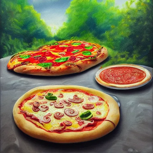 Image similar to highly detailed, high resolution, hyper realistic, 8 k, trending on artstation, landscape nature painting, trees made out of pizza, ground is made of cheese and pepperoni, waterfall made of marinara sauce, clouds are bell peppers, mushrooms