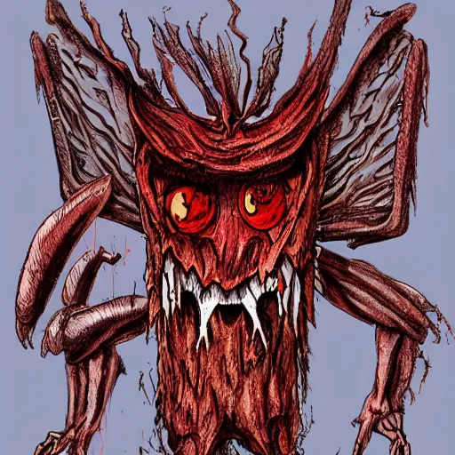 Image similar to horrifying concept art of a scary monster built out of cicadas, blood and wood pulp,