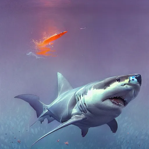 Prompt: great white shark, traffic cones as fins, underwater background detailed atmospheric - ron cheng & alphonse mucha, highly detailed, digital painting, ray tracing, concept art, illustration, smooth sharp focus, intricate, symmetry, artstation,