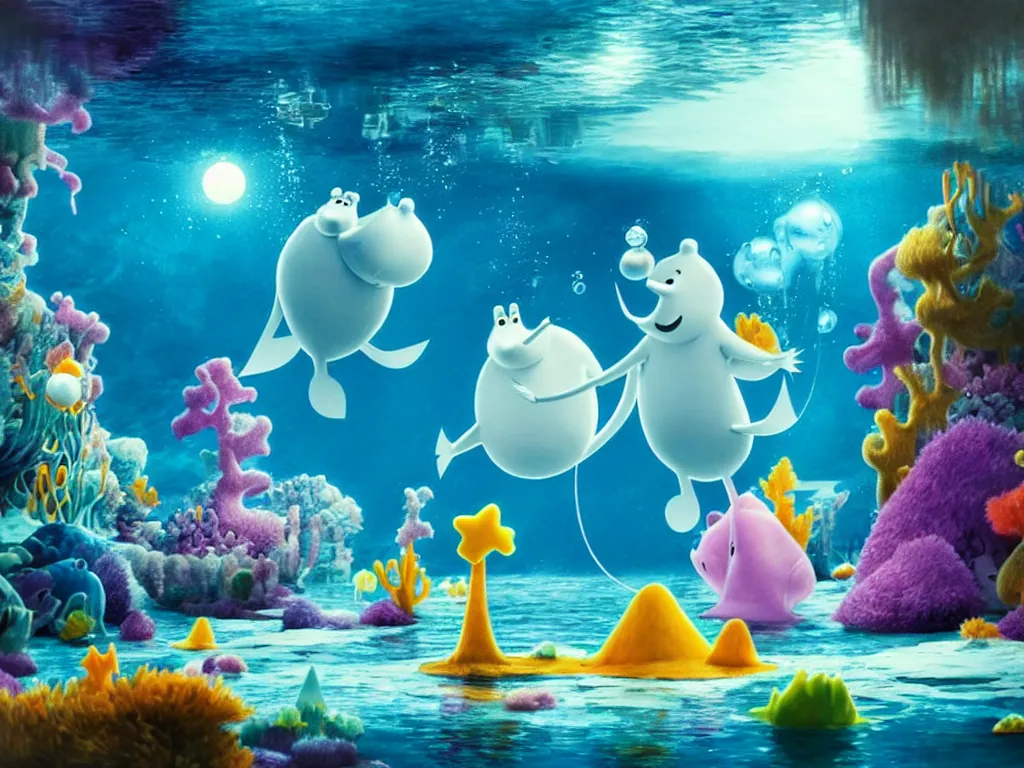 Prompt: underwater moomins discovering the water planet looking at many colorful fishes in the background, photorealistic painting, cgi, low volumetric light, movie still, very cute and cozy and fluffy and sweet