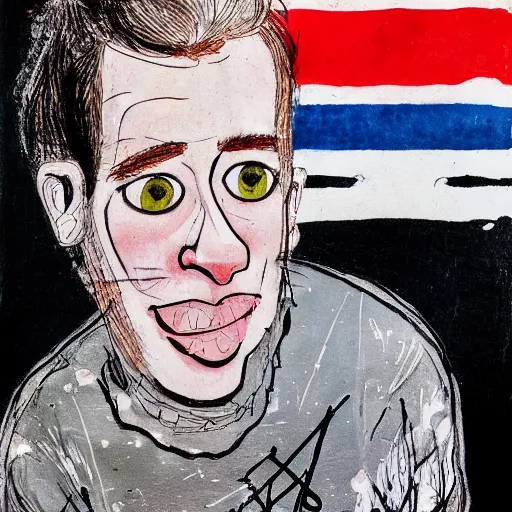 Image similar to a detailed portrait painting of an icelandic young man named hkalti by gerald scarfe and ralph steadman