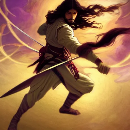 Image similar to a golden swordsman dances on the battlefield, his long hair swirling, fantasy, Mucha, Magic the Gathering, motion blur, dramatic