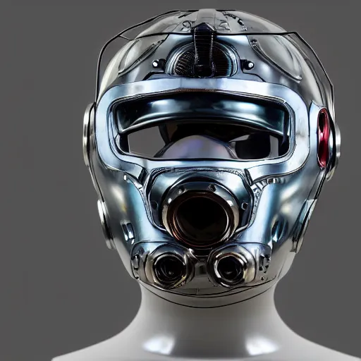 Prompt: cyberpunk mechanical helmet with side intircate hoses looking straight by Vitaly Bulgarov, front view