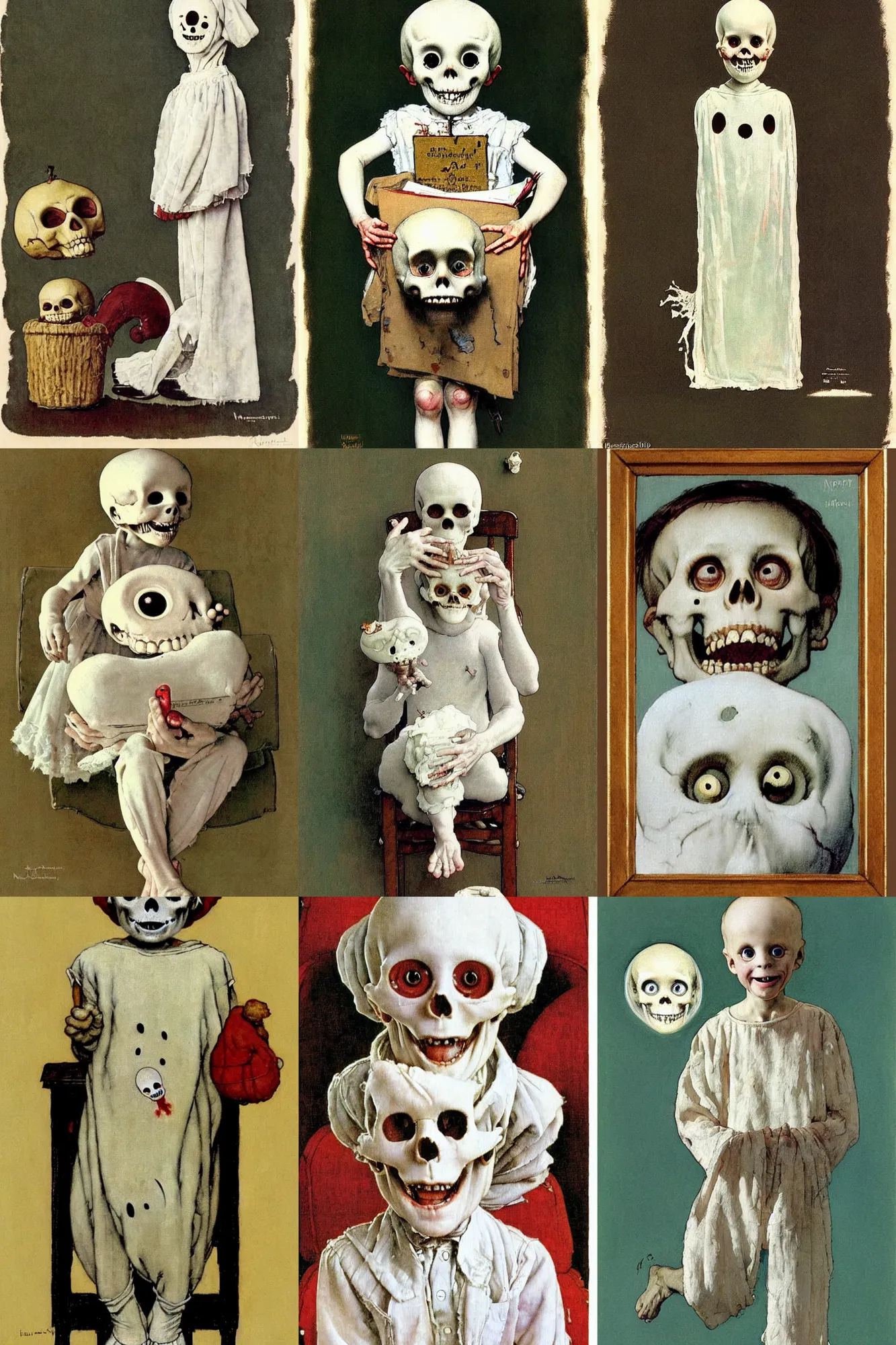 Prompt: caspar the friendly ghost painted by norman rockwell, very detailed and cute, cozy, big eyes, dead, transparent, smiling skull