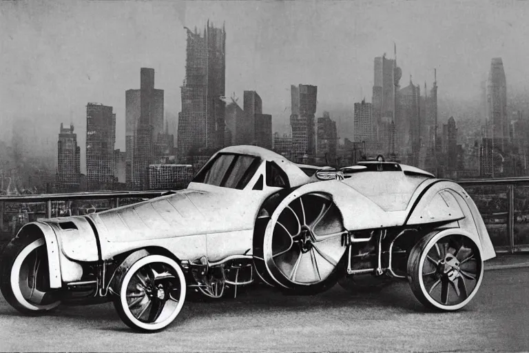 Image similar to cyberpunk 1 9 0 3 stanley steamer racecar by paul lehr, metropolis, view over city, vintage film photo, damaged photo, scratched photo, scanned in, old photobook, silent movie, black and white photo