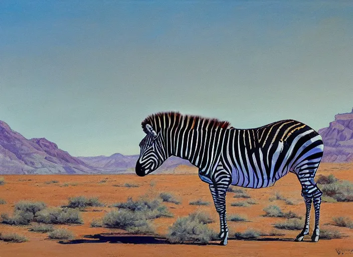 Prompt: painting of a zebra in front of a mountain desert landscape by wayne thiebaud