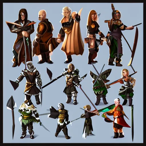 Prompt: Set of high quality HD sprites, low poly, arrows, bows, swords, axes, etc.