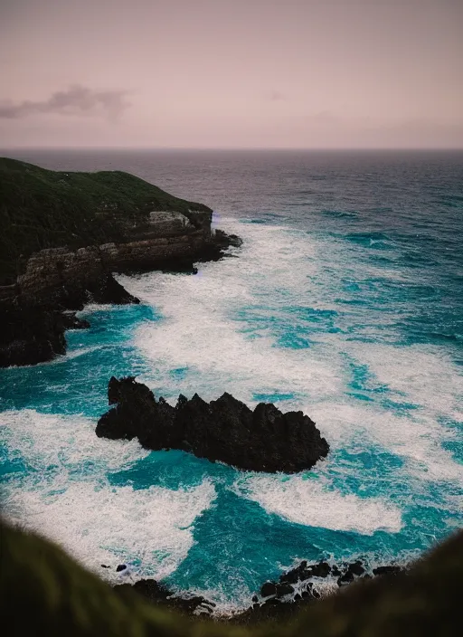 Image similar to a view of the ocean from a cliff, a tilt shift photo by liam wong, unsplash, naturalism, cinematic view, terragen, shot on 7 0 mm