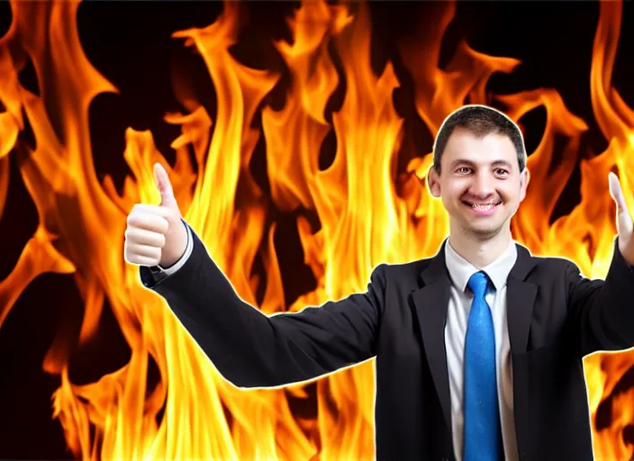 Prompt: A photo of a system administrator doing a thumb up to the camera in front on burning servers, servers in flames in the background, happy system administrator doing a thumb up, uncropped, full body