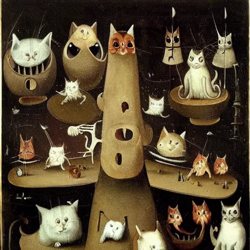 Image similar to a world invaded by cats, hieronymus bosch, very detailed