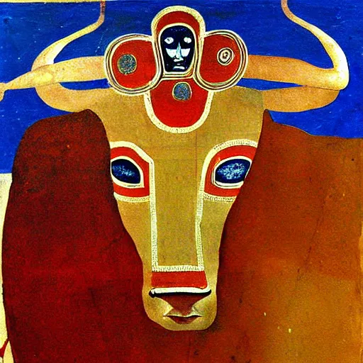 Prompt: minotaur, minoan painting