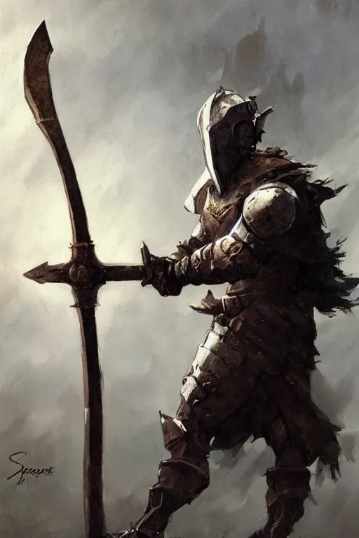 Image similar to a knight holding an axe, leaning against axe concept art in style of Greg Rutkowski, painted by Frank Frazetta, John Singer Sargant