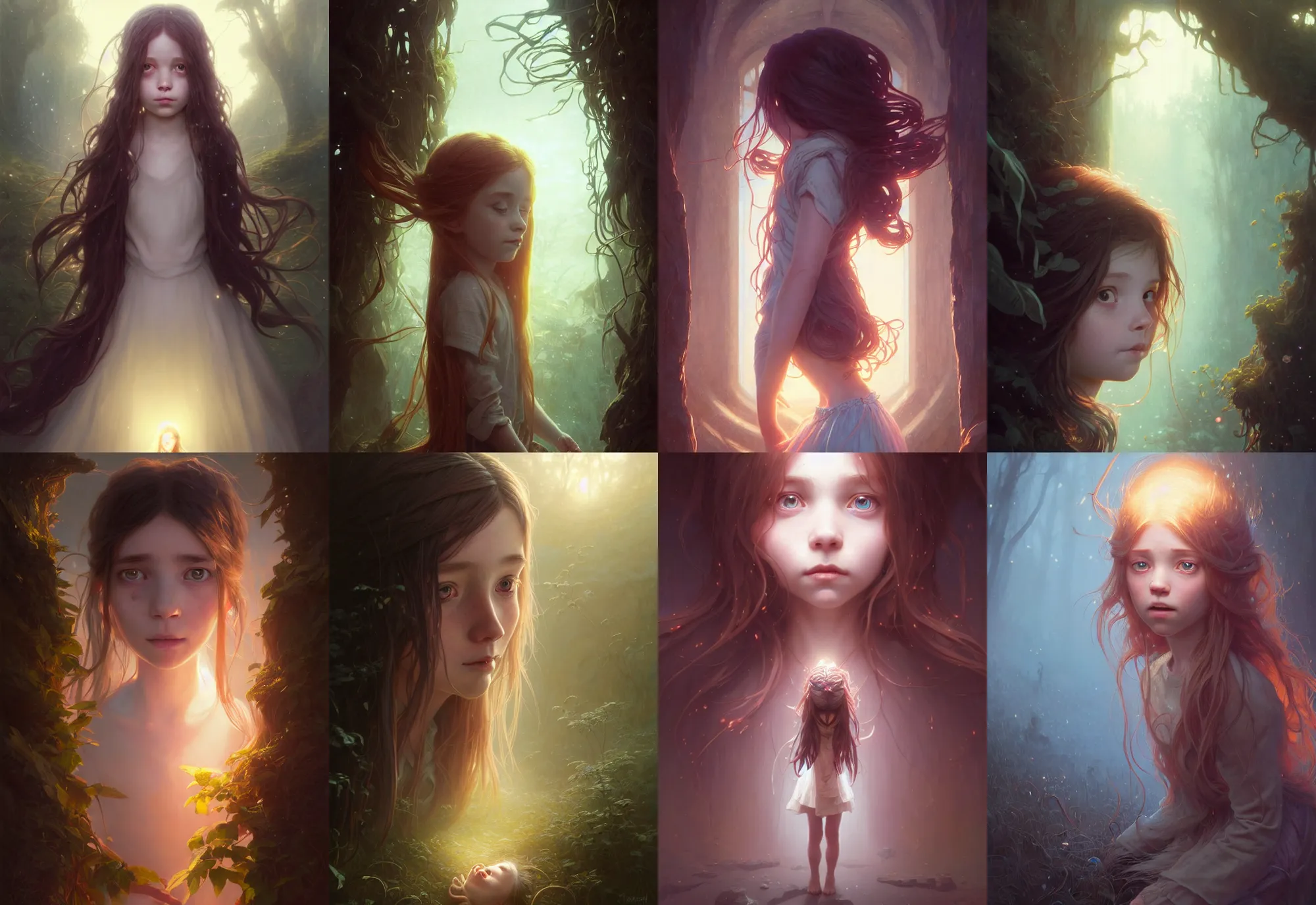 Image similar to highly detailed portrait of a frightened little girl with long hairs, stephen bliss, unreal engine, fantasy art by greg rutkowski, loish, rhads, ferdinand knab, makoto shinkai and lois van baarle, ilya kuvshinov, rossdraws, tom bagshaw, alphonse mucha, global illumination, radiant light, detailed and intricate environment