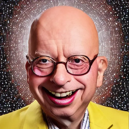 Prompt: uhd photorealistic portrait of cosmic clown made of bugs, in the image of klaus schwab, wearing authentic clown costume and real bizarre clown makeup, correct face, accurate faces, intricate details, intricate cllown makeup